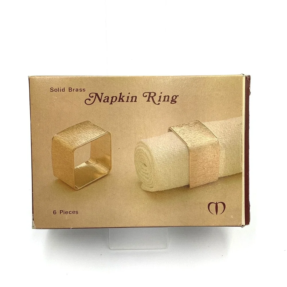 Vintage Solid Brass Square Napkin Rings Set of 6 Brushed Gold MCM M133